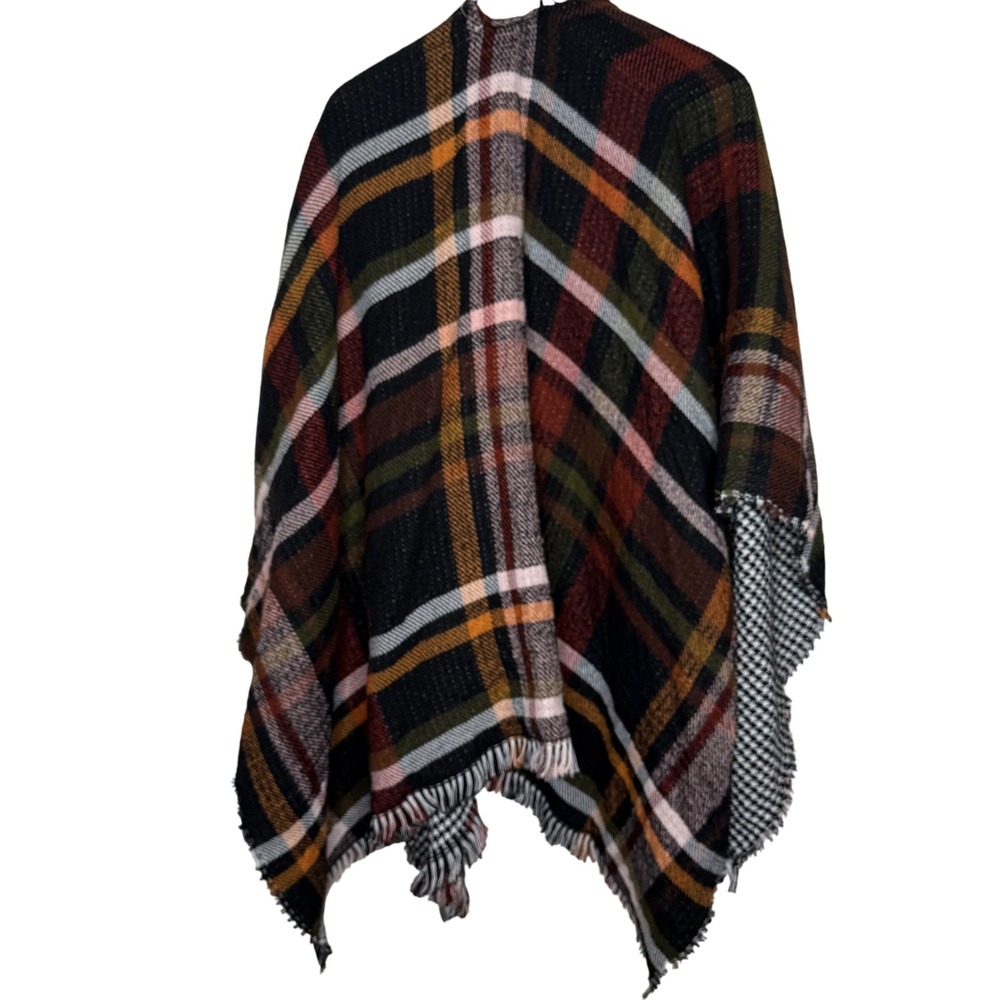 Steve Madden Reversible Plaid Houndstooth Poncho Cape Shawl OSFM Women - Picture 3 of 6